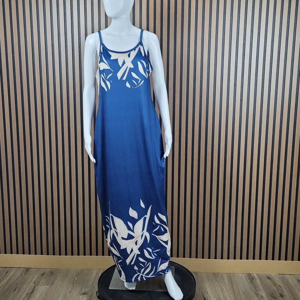 SHEIN CURVE Maxi Dress Botanical Leaf Print Blue Cream Spaghetti Strap 1XL